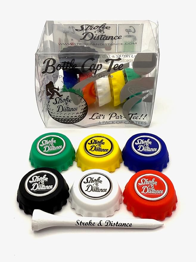 Stroke & Distance Bottle Cap Tee Double Pack - Keep Beverages Secure & Tee Off in Style - Par 3 Height - Insert Any Tee - Training Aid