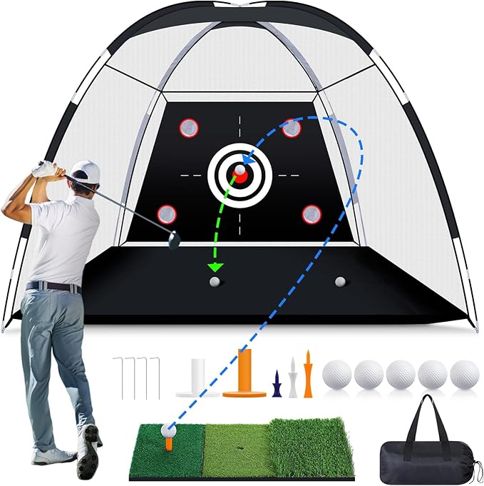 MoKo Golf Net with Practice Mat, 10 x 7 ft Golf Hitting Net for Outdoor Indoor Backyard Driving Chipping Swing Training, All-in-One Multi-Target Practice Nets, Gifts for Men Dad Him and Golfer