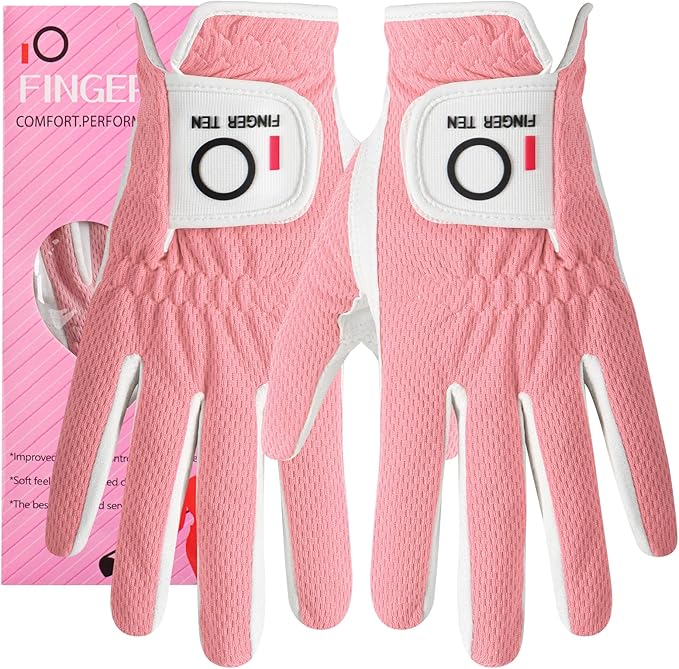 FINGER TEN Womens Golf Glove Right Handed Golfer Left Hand Rain Grip Hot Wet All Weather Value 2 Pack, Golf Gloves Breathable Flexible for Ladies Women