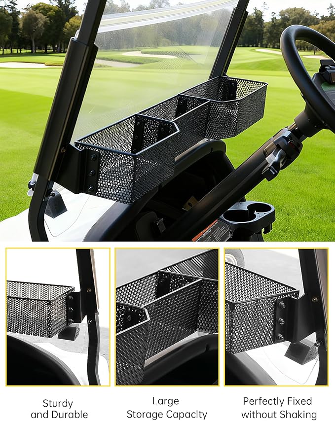 Black Inner Front Storage Basket Compatible with Club Car Tempo 2025 Accessories, Large 3-Compartment Golf Cart Front Dash Storage Tray Organizer, No Drilling Required