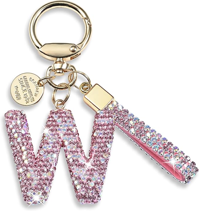 Pink Blue White Initial Letter Keychain Gift for Women Girls Bling Sparkly Cute Backpack Car Key Accessories Lanyard