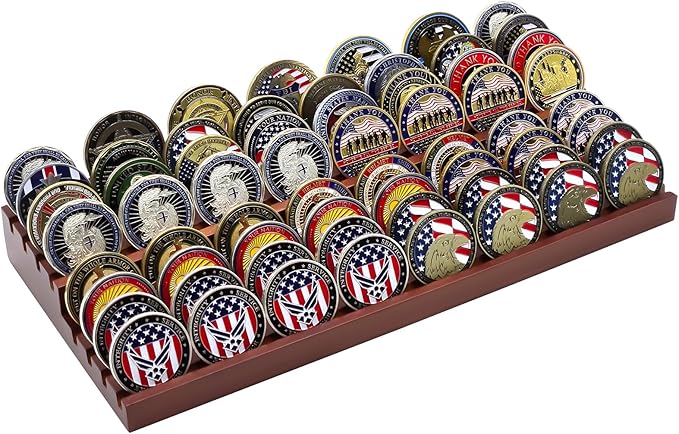 PiaoHao Solid Wood Challenge Coin Display Stand,Two-Tier Military Coins Display Holders Shelves,8 Row Wooden Army Collectible Coins Holder Case Holds 50-64 Coins