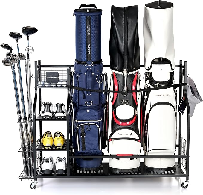 Golf Bag Storage Organizer Rack for Garage, Golf Bag Stand with Rolling Wheels, Heavy-Duty Metal Golf Equipment Organizer for Home, Garage, Clubhouse