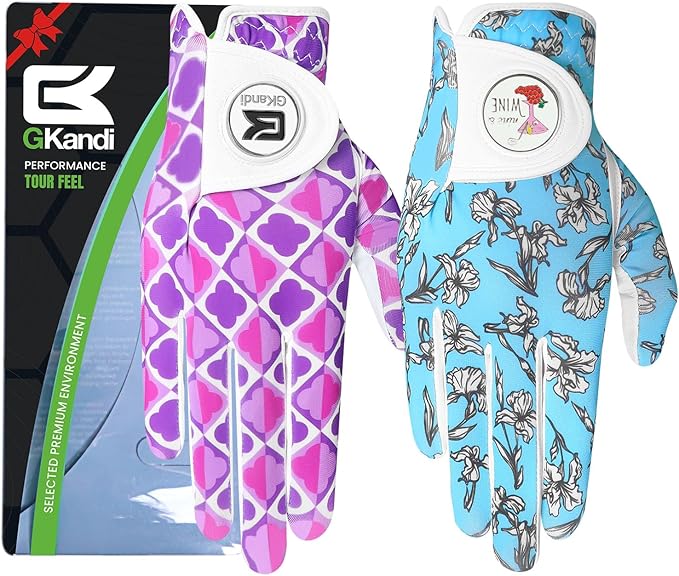 Ladies Golf Gloves Women Right Handed Golfer Left Hand Value 2 Pack with Ball Marker Leather All Weather Grip Breathable Soft Gift Set