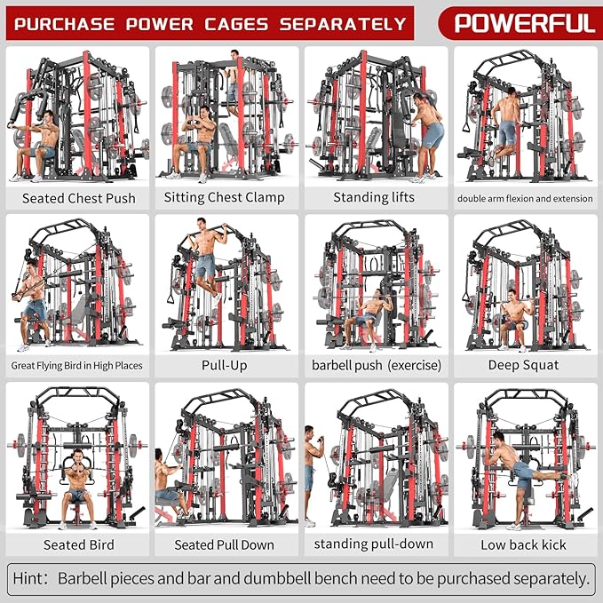 Smith Machine，Multi-Function Squat Rack Power Cage with Cable Crossover System,with Optional Weight Bench, Olympic Barbell Weight Set, for Home Gym