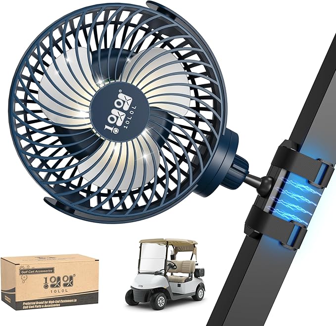 10L0L Magnetic Golf Cart Fan Rechargeable with Flexible Tripod Mount - 10000mAh Battery Operated Portable Fan 360° Rotatable Head, Fits for Yamaha/EZGO/Club Car Golf Cart with LED Light