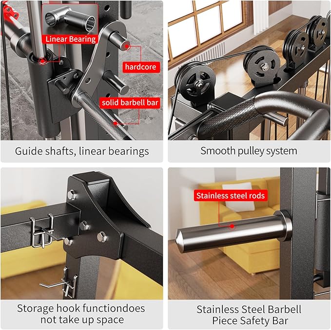 Smith Machine，Multi-Function Squat Rack Power Cage with Cable Crossover System,with Optional Weight Bench, Olympic Barbell Weight Set, for Home Gym