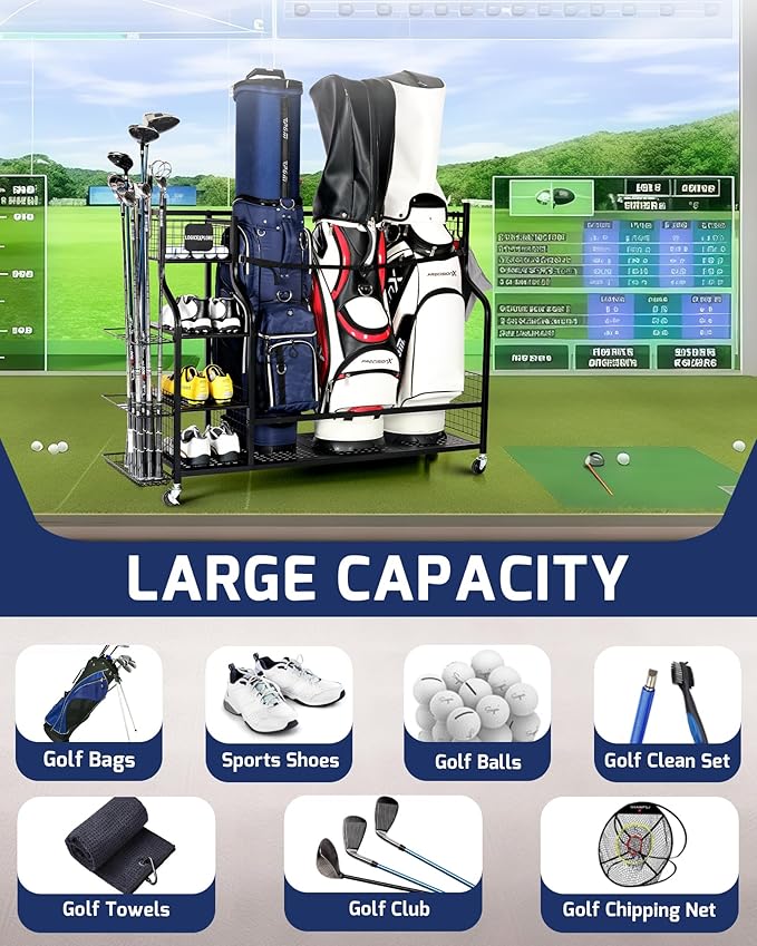 Golf Bag Storage Organizer Rack for Garage, Golf Bag Stand with Rolling Wheels, Heavy-Duty Metal Golf Equipment Organizer for Home, Garage, Clubhouse
