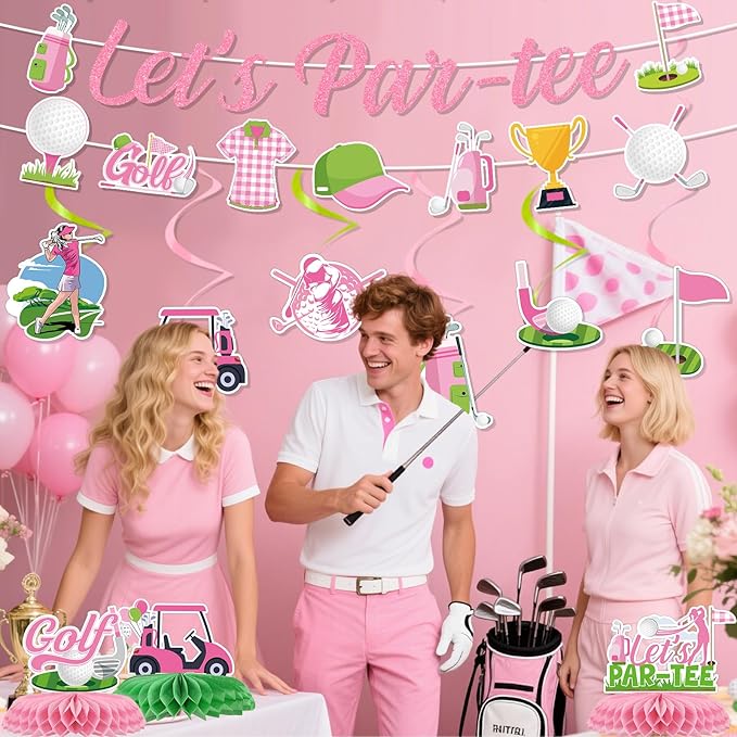 Pink Golf Party Decorations - 11PCS Golf Birthday Decorations Lets Partee Banners Hanging Swirls Honeycomb Centerpieces Sport Themed Party Birthday Decor Supplies for Women Girls