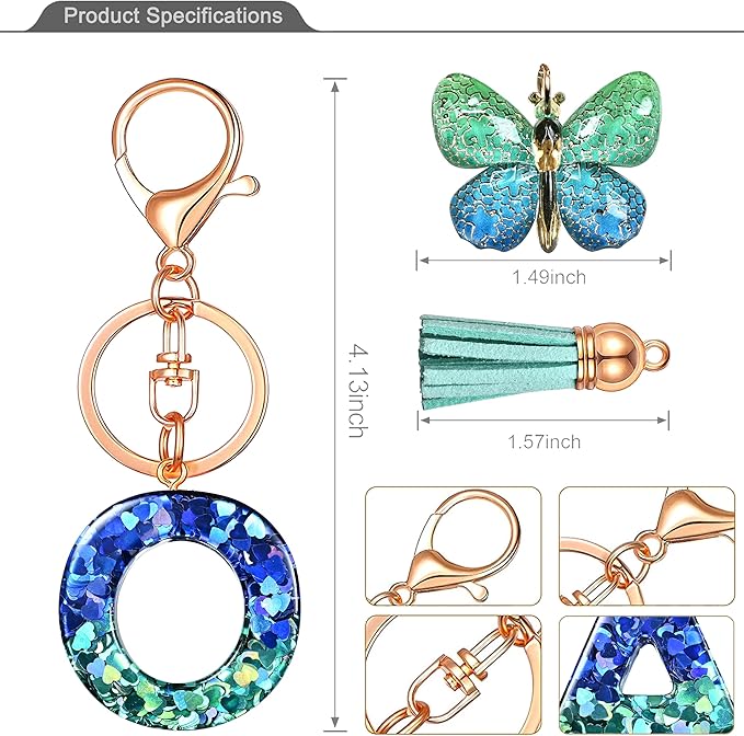 JINGUAZI Initial letter Keychains for Women Tassel Butterfly Pink Purple Cute Car Keychain for Wallet Backpack bag charm