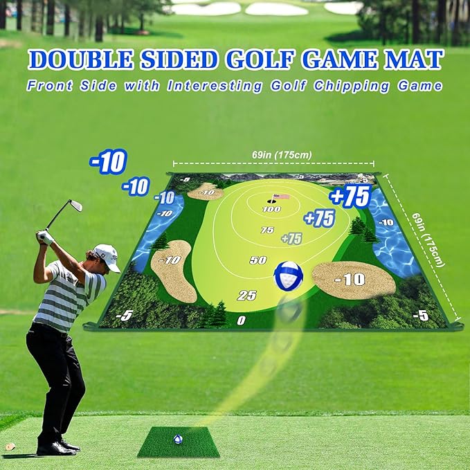 Golf Chipping Game with Hitting Mat, 70"x70" Double Sided Golf Practice Mat Kits with 20 Sticky Balls, Indoor Outdoor Golf Training Accessories for Adult Family Yard Game (No Club)