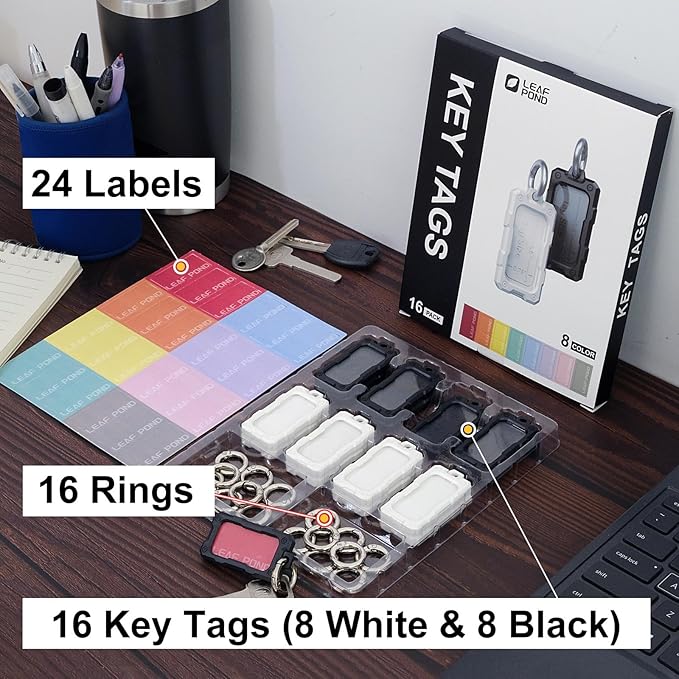 16 Pack Solid Plastic Key Tags with Keychain Rings, Color ID Name Label in Clear Windows.