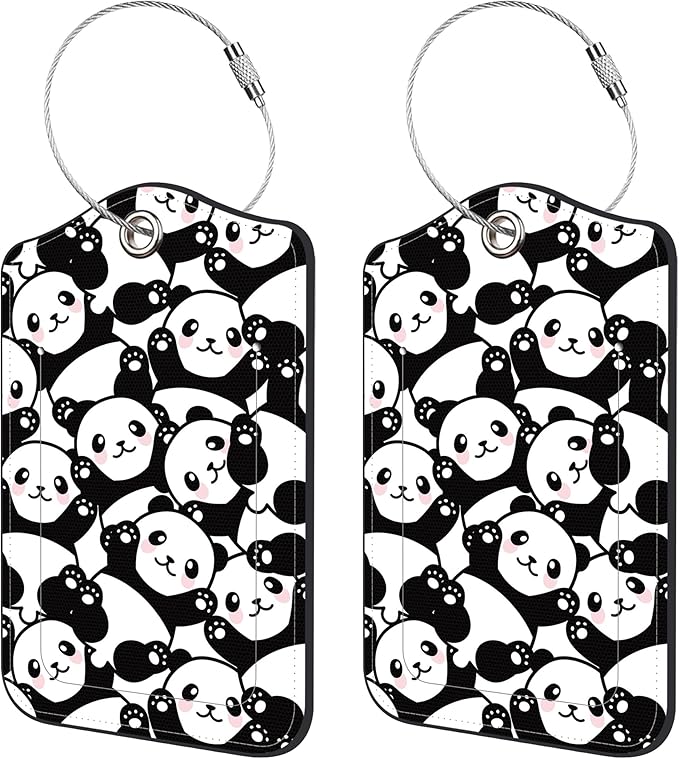 2 Pack Luggage Tags for Suitcase,Cute Panda PU Leather Luggage Tags with Privacy Cover Name Address Labels and Steel Ring,Creative Travel Accessories for Men and Women