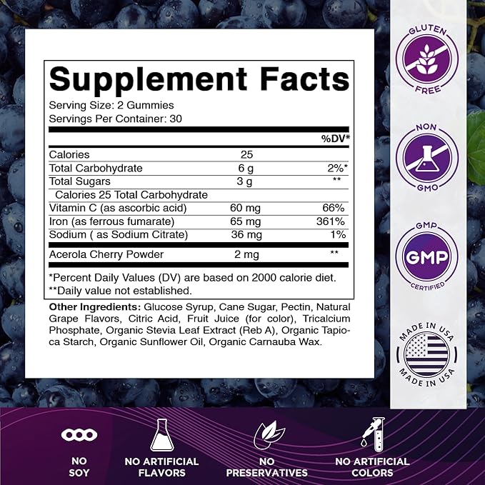 Vitamatic Iron 65 mg Gummies Supplement for Women & Men - 60 Vegan Gummies - Great Tasting Iron Gummy Vitamins with Vitamin C (2)