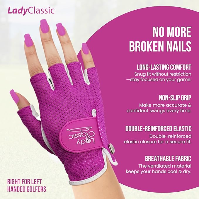 Mesh Half Golf Glove for Women – Premium Cabretta Leather Palm, Breathable Mesh Back, Half-Finger Design Ladies Golf Glove for Enhanced Grip & Comfort