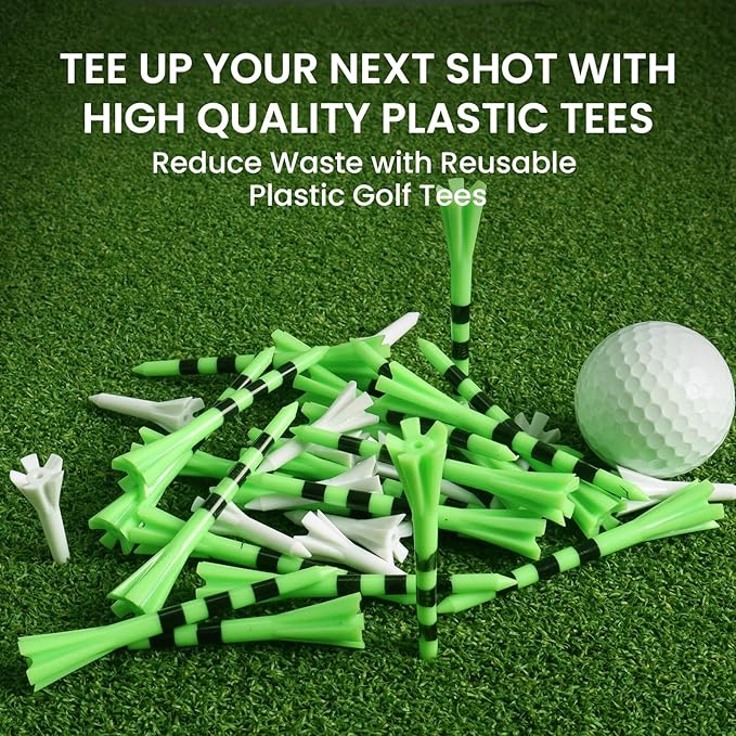 FINGER TEN Unbreakable Golf Tees Plastic 80 3 1/4" or 2 3/4" Driver Tees with 20 1 1/2" Iron Tees Assorted Pack, Low Resistance & Consistent Height Long Short Tees with Bright Colors