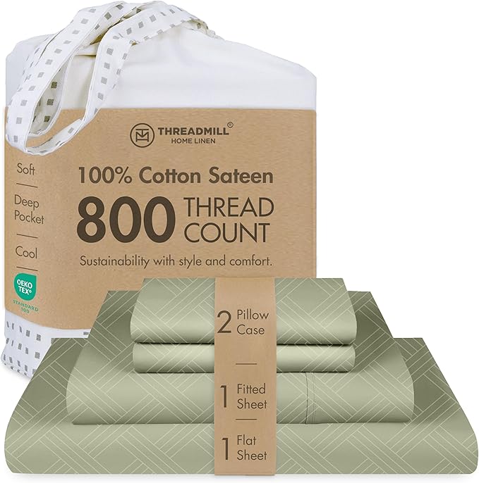 Threadmill King Size Sheets for King Mattress | 800 Thread Count Jacquard Celine Sage Green | Better Than Egyptian Cotton | 4 Pc Bed Sheets | Damask Sheet Fits 16'' Deep Pocket | 100% Cotton Sheets