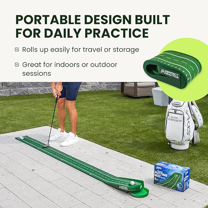 Perfect Practice Golf Putting Mat - Portable Putting Green, Indoor & Outdoor Practice, with Ball Return - Golf Training Aid for Home, Office, Backyard - Golfing Gifts for Men