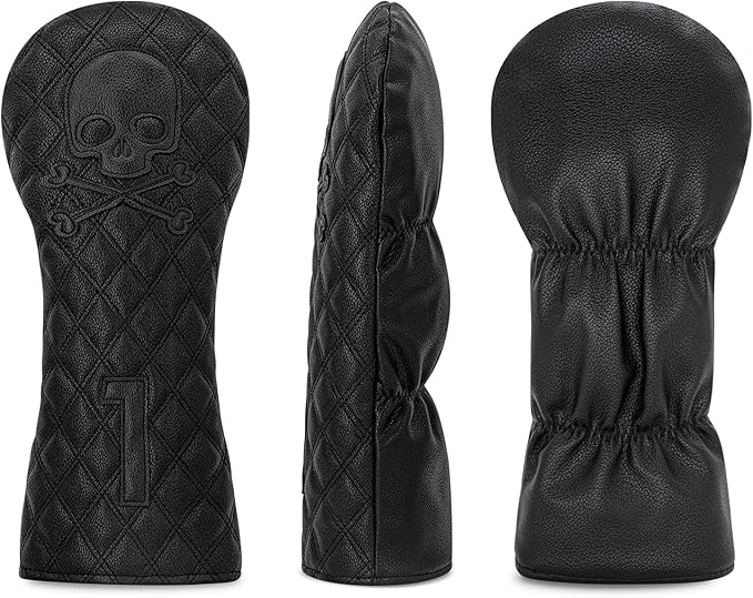 Grid Black Line Skull Golf Club Covers – Driver Headcover, Fairway Wood & Hybrid, 3 Wood Headcover, Black Skull Leather, Waterproof Easy-Clean, Universal Fit The Most Brands