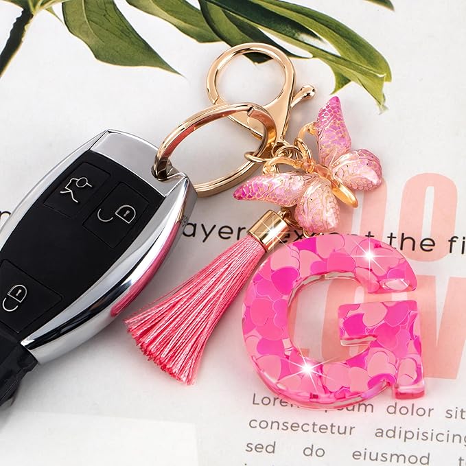 Suweibuke Colourful Cute Initial Letter Keychains for Women Girls with Tassel Butterfly, Charm for Purse Handbags Backpacks