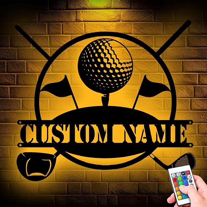 Custom Golf Metal Sign Wall Art, LED Lights Home Decor for Golf Lovers, Personalized Gift for Dad, Unique Hanging Decor for Man Cave or Office, Durable and Eye-Catching Design