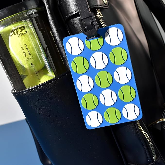 Tennis Bag Tag – Tennis Balls Design, Durable Silicone Luggage Tag, Waterproof & Secure, Easy Bag Identification with Adjustable Strap, Perfect for Tennis Lovers & Gifts