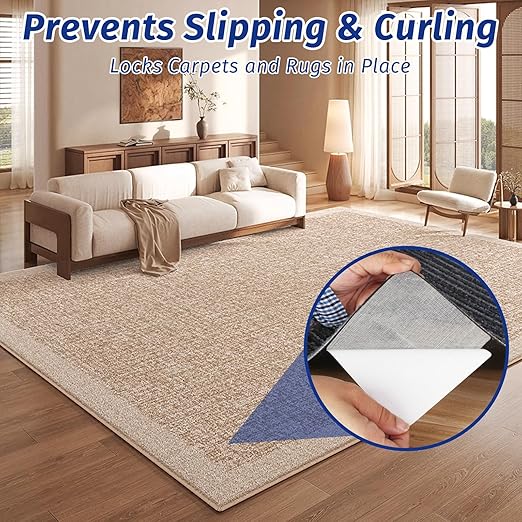 Carpet Tile Tape Double Sided, 4 x 4 Inches 100 Tabs, Rug Tape Grippers for Indoor Outdoor Use, Non Slip Adhesive for Area Rugs on Hardwood, Vinyl, Concrete Floors, Residue Free