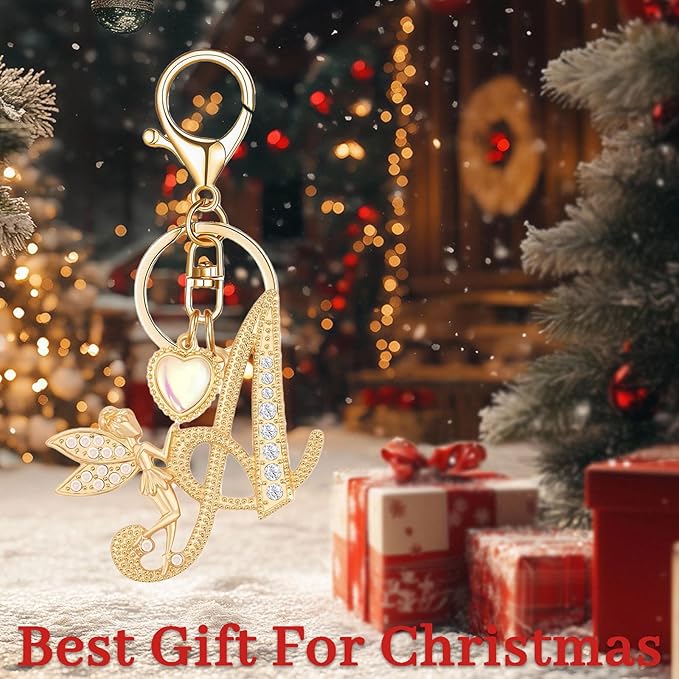Gold Plated Alphabet Initial Letter Keyring Keychain for Women Girls Crystal Key Chains for Wallet Backpack Bag Charm