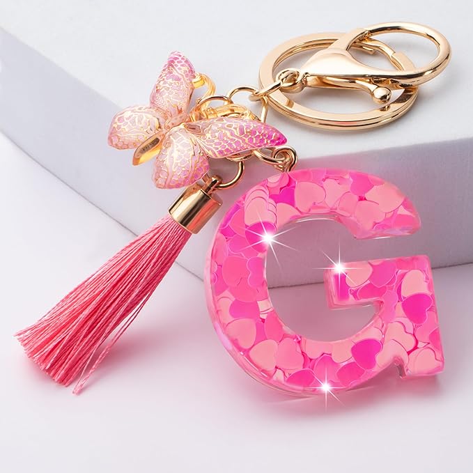 Suweibuke Colourful Cute Initial Letter Keychains for Women Girls with Tassel Butterfly, Charm for Purse Handbags Backpacks