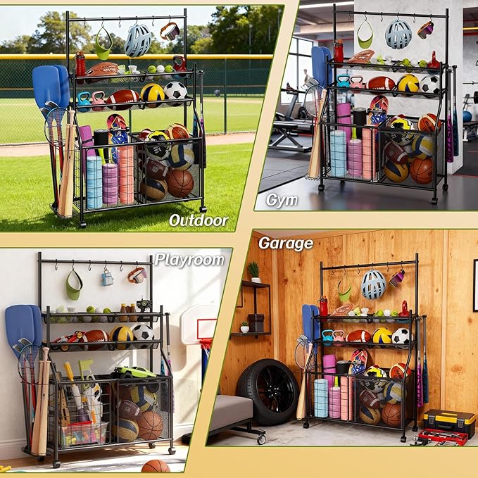 Large Sports Organizer for Garage, Ball Storage Rack Garage Sports Equipment Organizer with Side Racks, Baskets, Hooks, Multi-Purpose Golf Gear Storage for Gym Indoor Outdoor