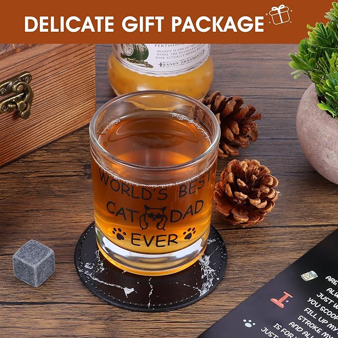 Cat Dad Gifts, Best Gift for Dad, Gift with 12oz Whiskey Glasses, Stones, Coaster, Wooden Box for Catfather