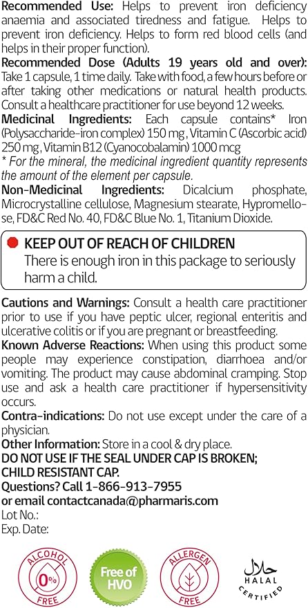 IMAX Iron Supplement 150 mg, Vitamin C 250 mg & B12 1000 mcg, Iron Supplement Treatment for Women & Men, Once Daily, 30 Capsules