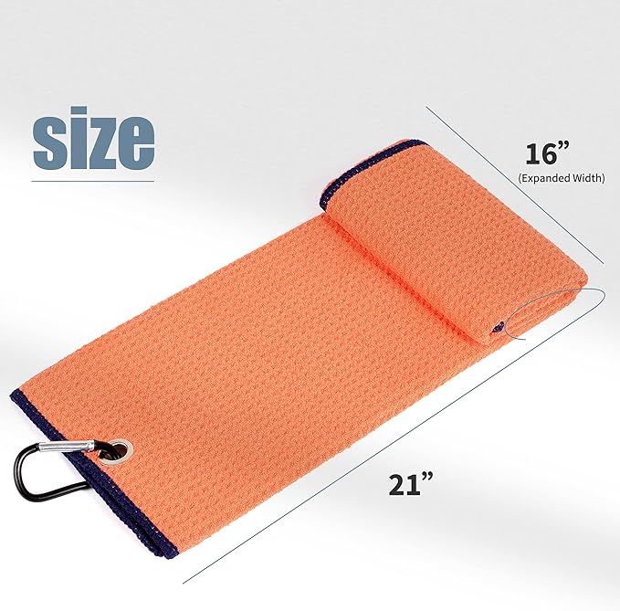 Mile High Life Tri-fold Golf Towel | Premium Microfiber Fabric | Waffle Pattern | with Heavy Duty Carabiner Clip | Golf Towel for Men and Women (2 Pack Orange)