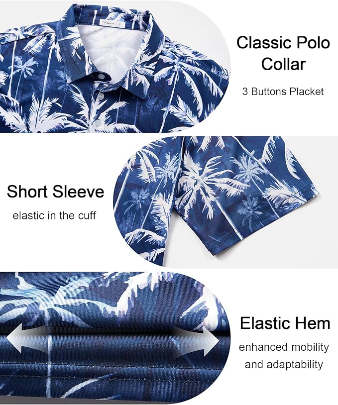 zeetoo Men's Polo Shirts Hawaiian Golf Polos Shirts Short Sleeve Performance Moisture Wicking Mens Golf Shirts