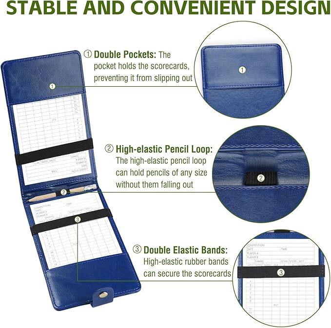 Archerest Magnetic Golf Scorecard Holder, 7.48" x 4.33" Premium Leather Yardage Book Cover Golf with A Pencil and Five Double Sided Printed Scorecards, Golf Accessories and Scorecard Book