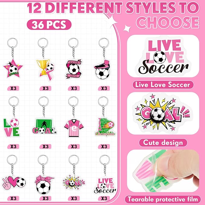 Batiyeer 36 Pack Pink Soccer Ball Keychains Bulk Party Favors Sports Ball Key Chains Funny Keyring Gifts for Women Men Birthday Supplies