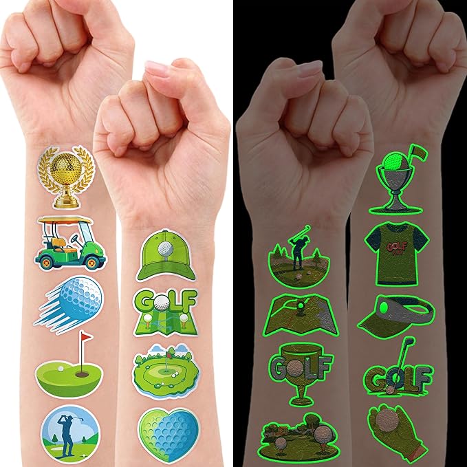96 PCS Golf Sport Pre-Cut Luminous Glow in The Dark Temporary Tattoos | Super Cute Themed Birthday Party Favors, Supplies, Decorations, Green Sport Fake Tattoo Stickers Gifts for Boys Girls