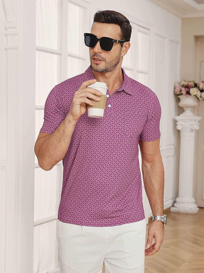Lexiart Mens Golf Shirt Short Sleeve Dry Fit Print Moisture Wicking Performance Patterns Collared Polo Shirt with Pocket
