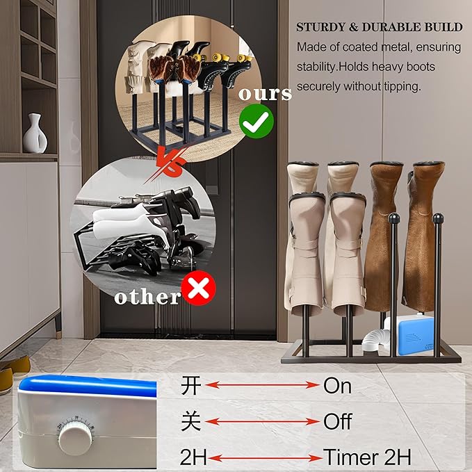 Boot Rack with Drying & Deodorizer, Heavy Duty Anti Rollover and Storage Functions, Suitable for Various Boots, Shoes, Gloves, Helmets, With Multifunctional Portable Dryer with Timer 600w
