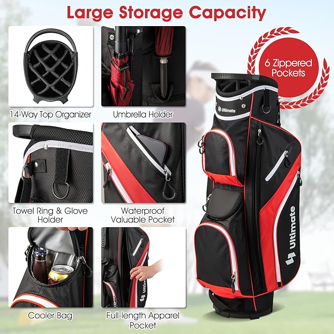 ULTIMATE 14-Way Golf Stand Bag, Portable Golf Bag w/ 6 Pockets,Cooler Bag & Waterproof Valuable Pocket, Rain Hood, Ergonomic Dual Strap System & Carrying Handles, 5 LBS Lightweight for Adults