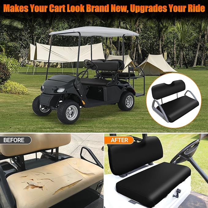 4PCS Golf Cart Seat Covers Compatible with EZGO TXT 1994-2013 Front & Aftermarket Rear Seat Kits | Waterproof Thickened PU Leather | No Staple Installation, Black