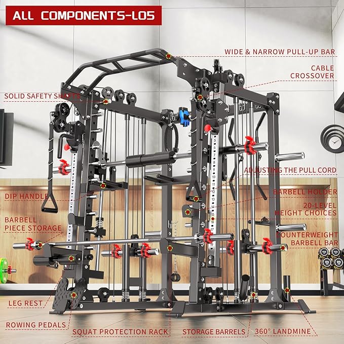 Smith Machine，Multi-Function Squat Rack Power Cage with Cable Crossover System,with Optional Weight Bench, Olympic Barbell Weight Set, for Home Gym
