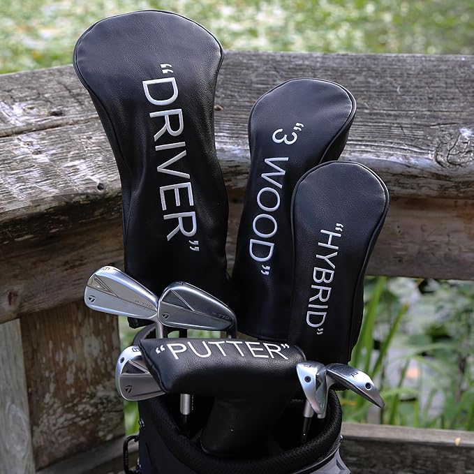 Golf Club Covers – Leather Driver Headcover, Fairway Wood, 3 Wood, Hybrid, Fits Mallet Blade Putter Head Covers Alignment Stick Cover