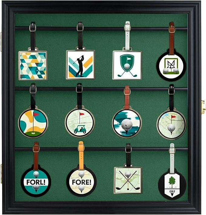DisplayGifts Golf Bag Tag Display Case, UV-Protected Acrylic Wall-Mount Shadow Box with Green Felt Backing, Collector Cabinet for Personalized Golf Club Tags, 16 x 15.3 x 1.85 Inches, Black Finish
