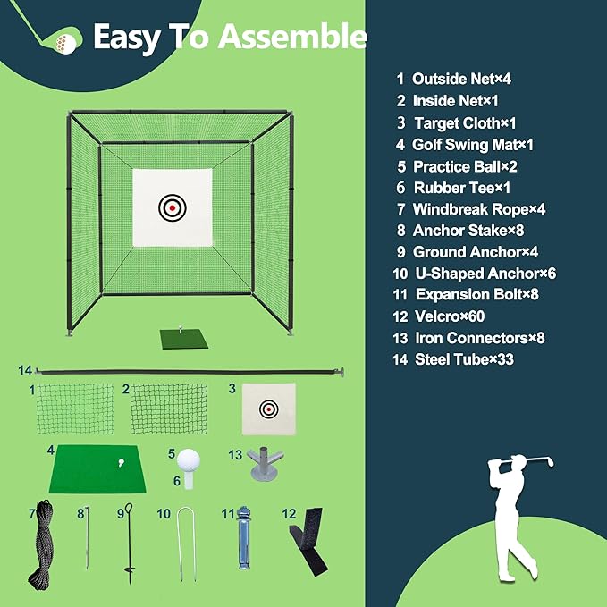Golf Cage Net with Steel Frame 10x10x10 Ft Golf Practice Nets Used for Indoor Full Swing Practice and Chopping Practice, Including Target Fabric and Swing Pad