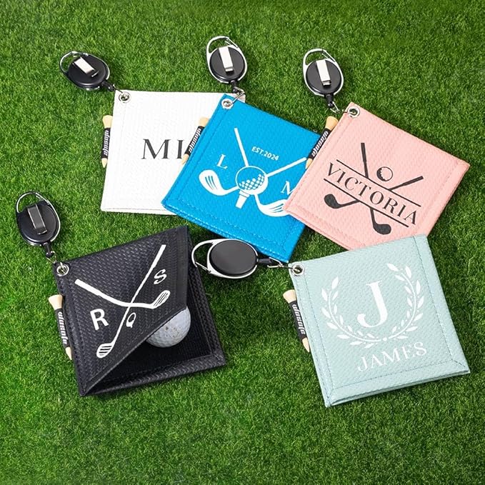 Custom Golf Ball Towels with Retractable Clip Leather Personalzied Golf Balls Clean Clubs Washer Towel Golf Gifts for Women Men Size 4.7×4.7INCH