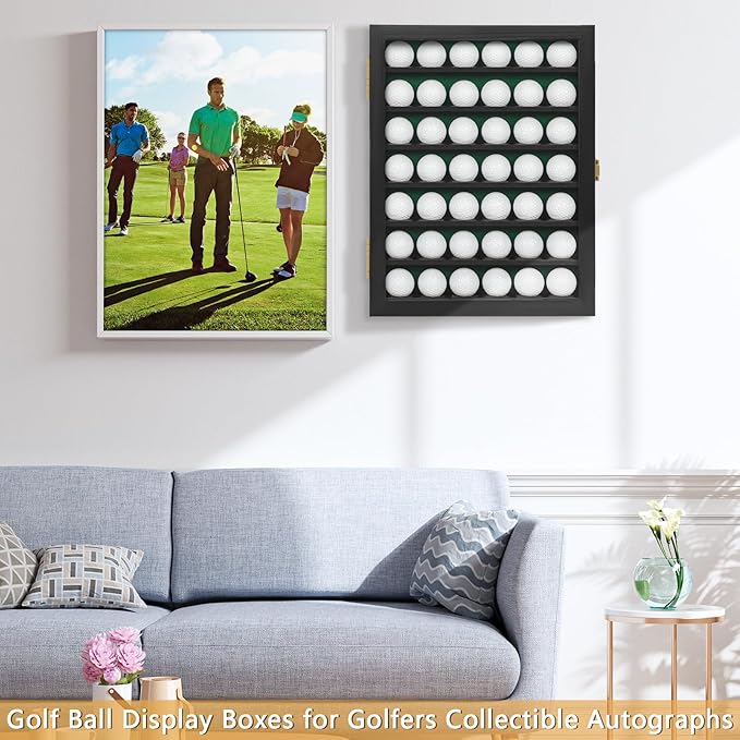 Golf Ball Display Case, Solid Wood Golf Ball Holder, Wall Mounted Golf Ball Rack with Acrylic Door for Golf Enthusiasts (Black, for 42 Golf Balls)