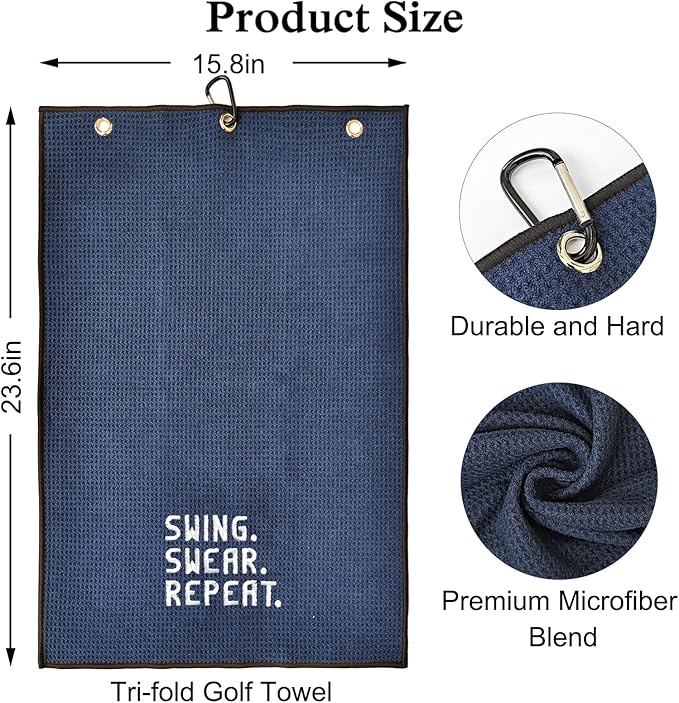 DYJYBMY Swing Swear Repeat Funny Blue Golf Towel, Embroidered Navy Bags Clip, Men, Birthday Golf Fan Gift