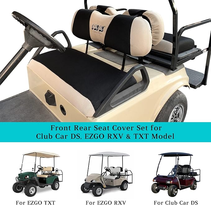 10L0L Golf Cart Front Rear Seat Cover Set for EZGO TXT RXV & Club Car DS 2000-up(Flat Backrest), Made w/ 3D Air Mesh Polyester Fabric Breathable Washable