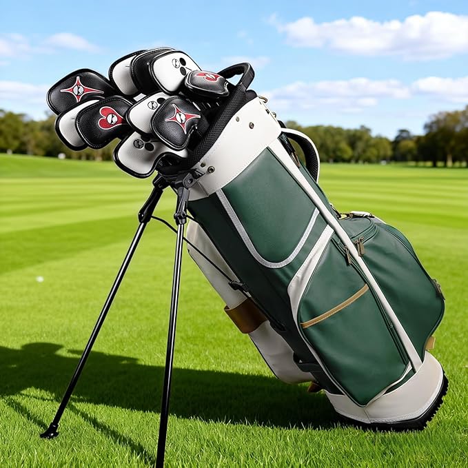 Magnetic Golf Iron Head Covers Set of 10 – Fun Poker Suits Design with Embroidered Clubs, Diamonds, Hearts & Spades | Premium PU Leather, Fits All Irons, Unique Golf Gift for Men & Women